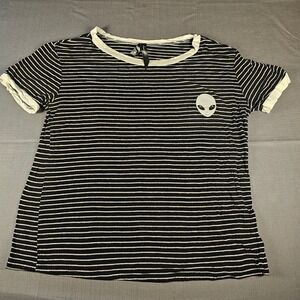 Luna Chix Womens Black White Striped Alien Graphic Ringer T-Shirt Large